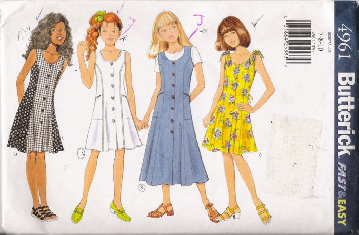 Girls' Dress Sewing Pattern Size 7-10 Butterick 4961 UNCUT