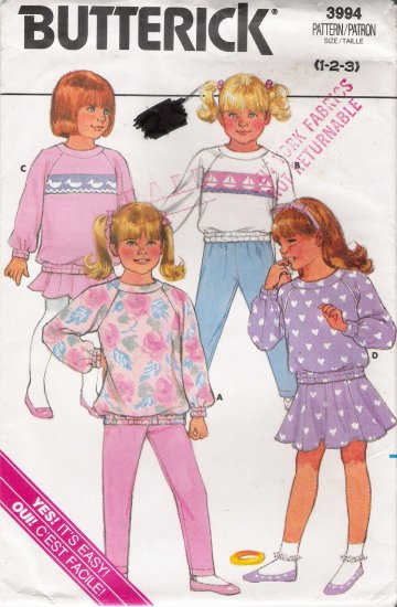 Toddlers' & Children's Top Pants Skirt Sewing Pattern Size 1-3 Butterick 3994 UNCUT