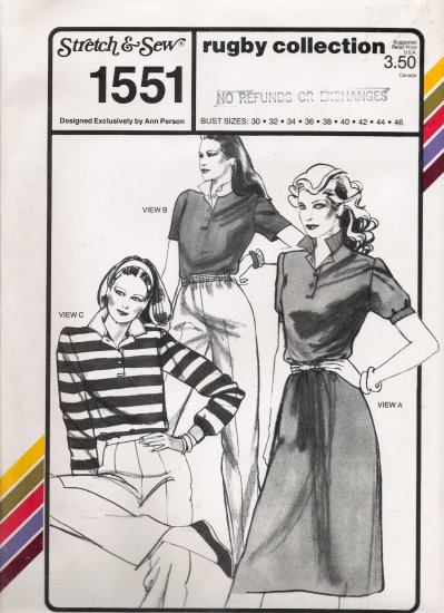 Vintage Sewing Pattern Rugby Collection Bust Sizes 30-46 Stretch & Sew 1551 UNCUT