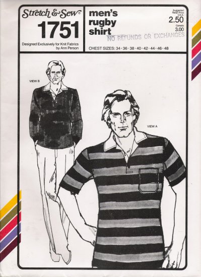 Vintage Sewing Pattern Men's Rugby Shirt Chest Sizes 34-48 Stretch & Sew 1751 UNCUT