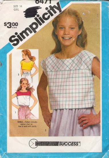 Girls' Pullover Tops Sewing Pattern Size 14 Simplicity 6471 UNCUT