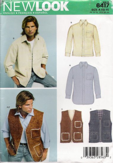 Men's Shirt & Vest Sewing Pattern Size XS-XL Simplicity New Look 6417 UNCUT
