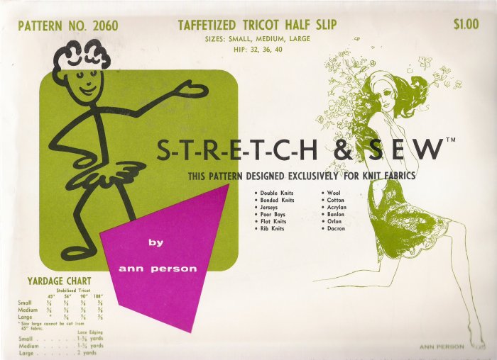Vintage Sewing Pattern Taffetized Tricot Half Slip Hip Sizes 32, 36, 40 Stretch & Sew 2060 UNCUT