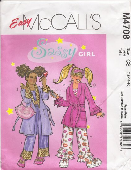 Girls' Robe Pajamas Eye Mask Sewing Pattern Size 12-16 McCall's 4708 UNCUT