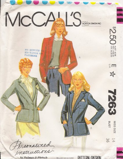 Misses' Jacket Sewing Pattern Size 14 McCall's 7263 UNCUT