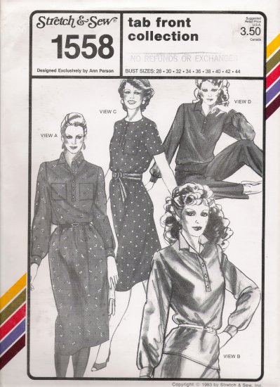 Vintage Sewing Pattern Tab Front Collection Bust Sizes 28-44 Stretch & Sew 1558 UNCUT