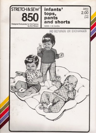 Vintage Sewing Pattern Infants' Tops Pants Shorts Size 1-18 Months Stretch & Sew 850 UNCUT