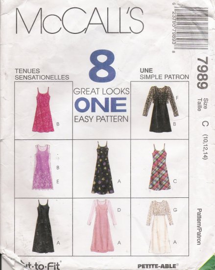 Misses' Slip-Dress Dress Top Sewing Pattern Size 10-14 McCall's 7989 UNCUT