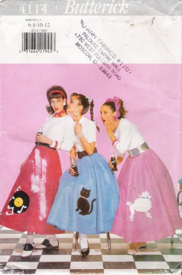 Misses' Poodle Skirt & Petticoat Halloween Costume Sewing Pattern Size 6-12 Butterick 4114 UNCUT