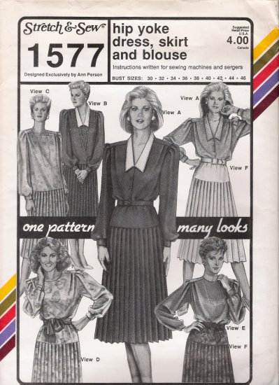 Vintage Sewing Pattern Hip Yoke Dress, Skirt, Blouse Bust Sizes 30-46 Stretch & Sew 1577 UNCUT