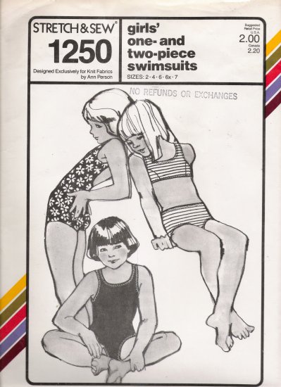 Vintage Sewing Pattern Girls' Swimsuits Size 2-7 Stretch & Sew 1250 UNCUT