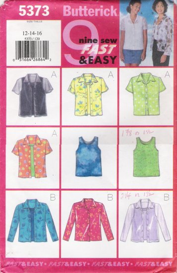 Misses' Shirt & Tank Top Sewing Pattern Size 12-16 Butterick 5373 UNCUT