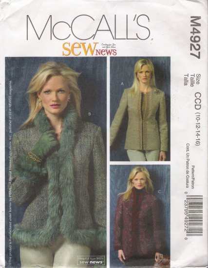 Misses' Jacket Sewing Pattern Size 10-16 McCall's 4927 UNCUT