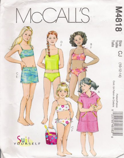 Children's Girls' Cover Up Bathing Suit Tops & Bottoms Sewing Pattern Size 10-14 McCall's 4818 UNCUT