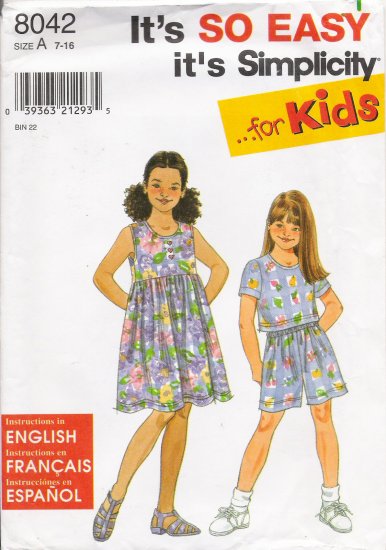 Girls' Dress Top Shorts Sewing Pattern Size 7-16 Simplicity 8042 UNCUT