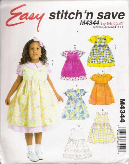 Toddlers' and Childrens' Dress and Pinafores Sewing Pattern Size 4-6 McCall's 4344 UNCUT