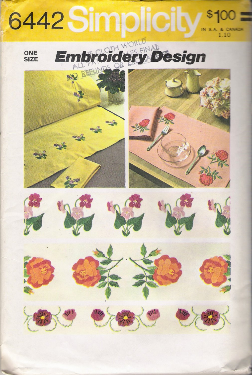 Vintage Floral Embroidery Transfers Pattern Simplicity 6442 UNCUT