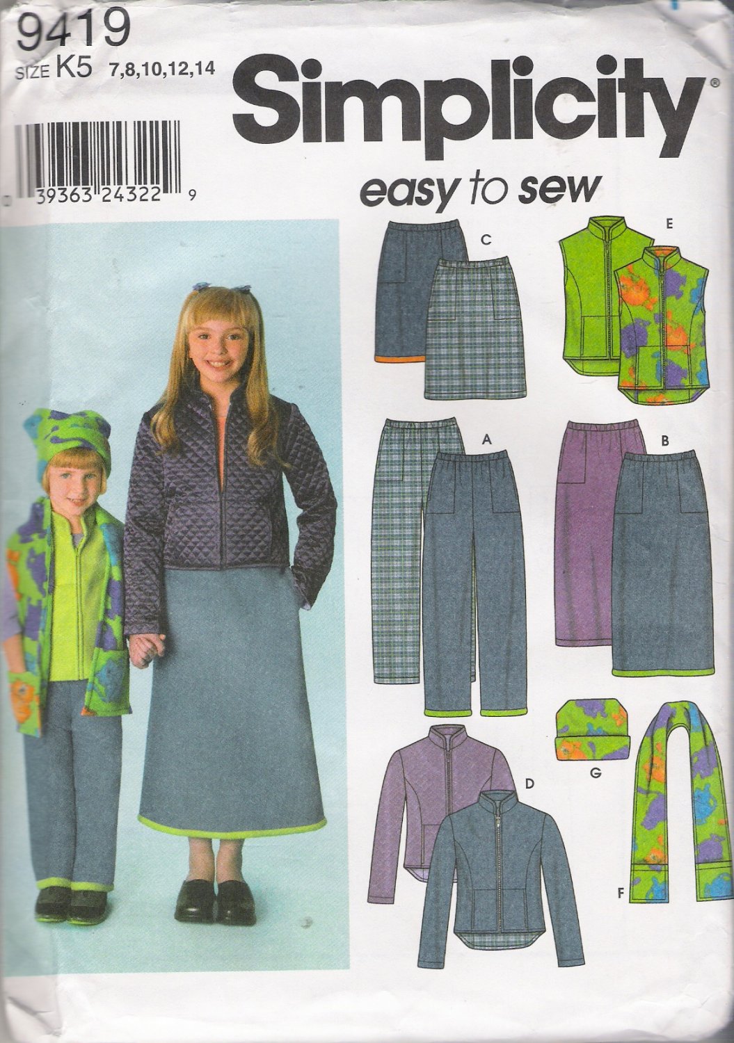 Child's & Girls' Pants Skirt Jacket Vest Scarf Hat Sewing Pattern Size 7-14 Simplicity 9419 UNCUT