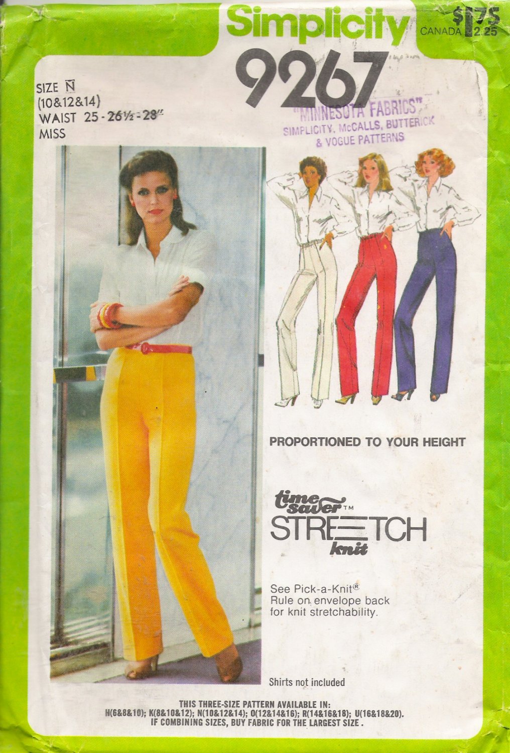 Vintage Sewing Pattern Misses' Proportioned Pants Size 10-14 Simplicity 9267 UNCUT