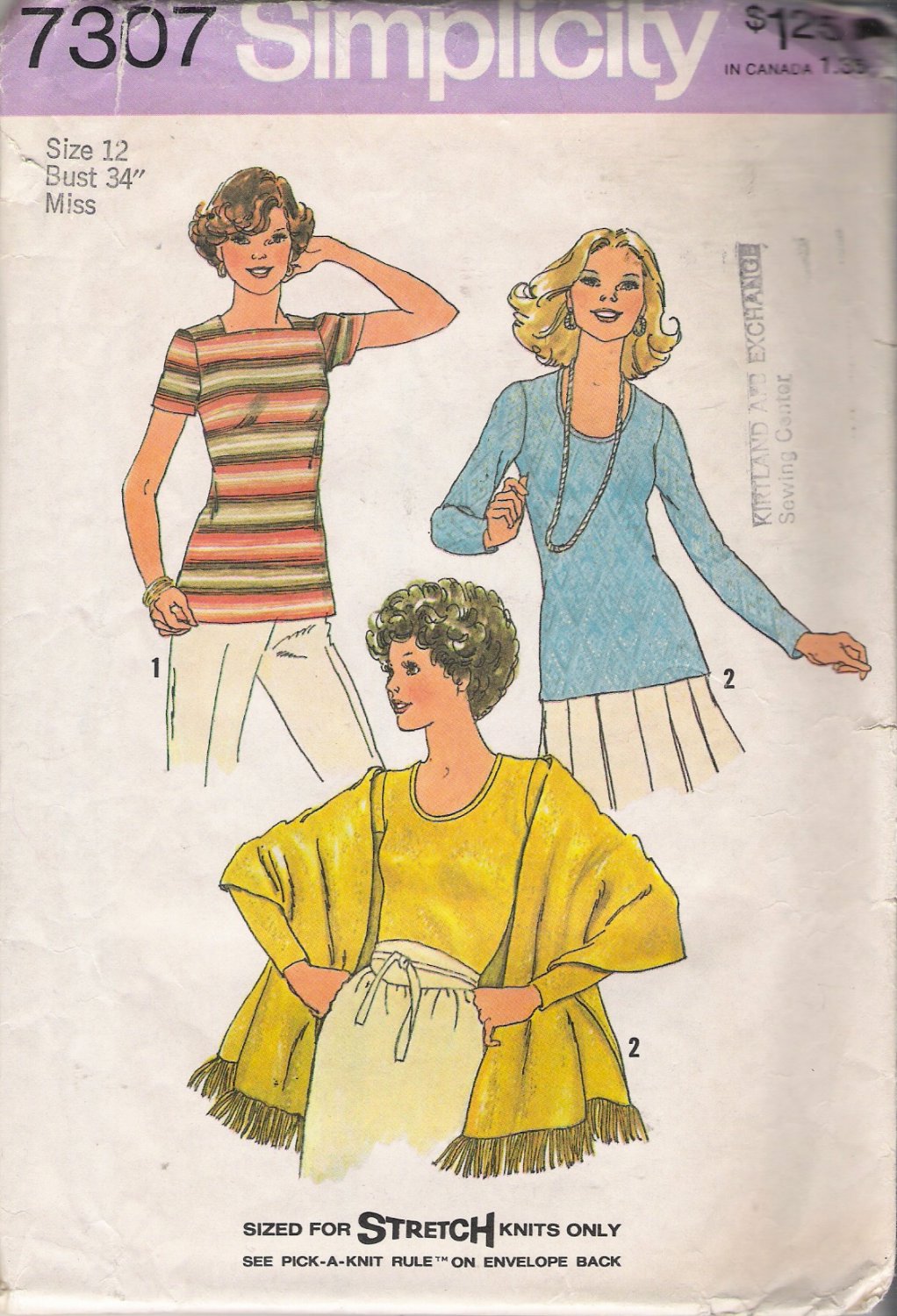 Vintage Sewing Pattern Misses' Pullover Tops & Shawl Size 12 Simplicity 7307 UNCUT