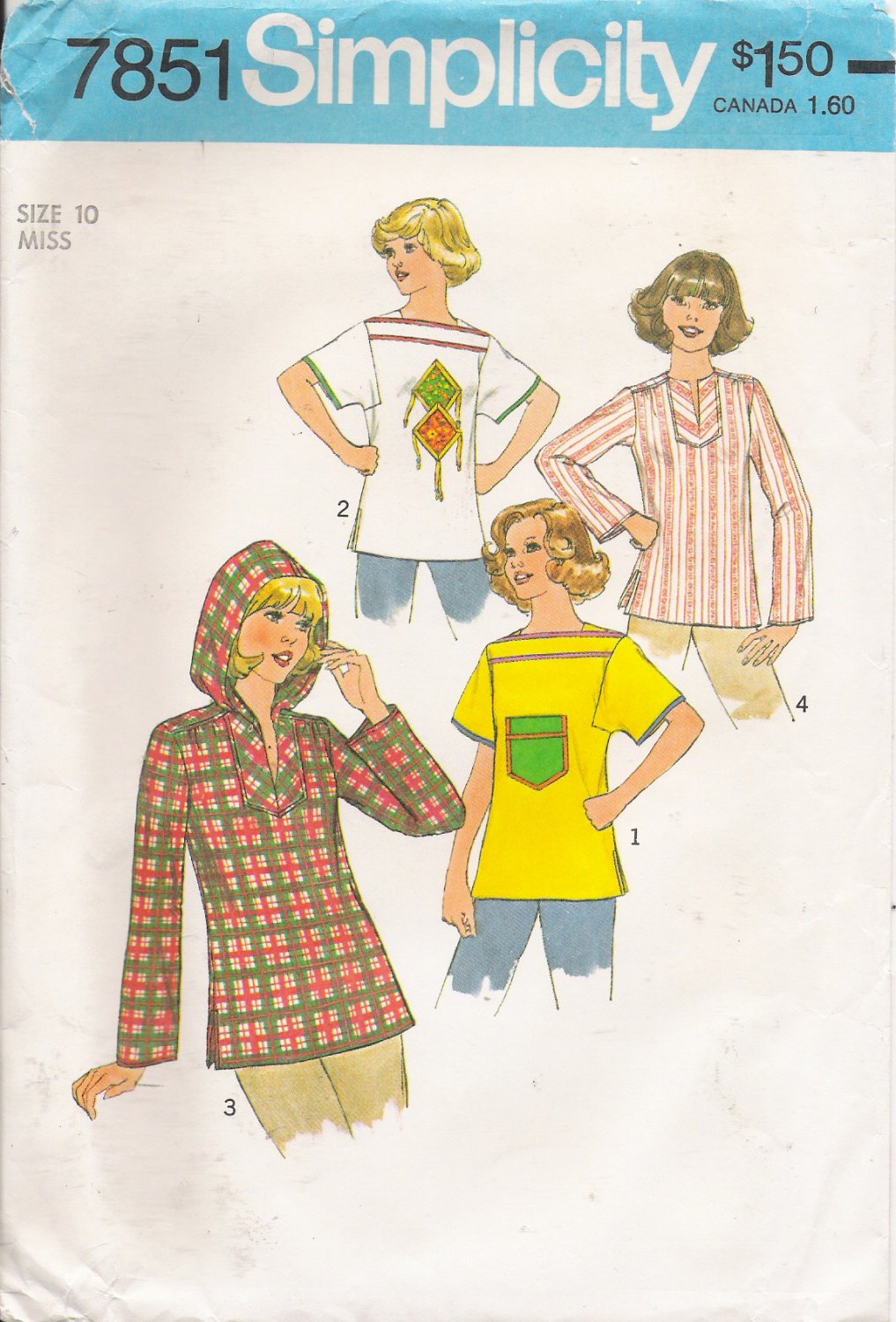 Vintage Sewing Pattern Misses' Pullover Tops Size 10 Simplicity 7851 UNCUT