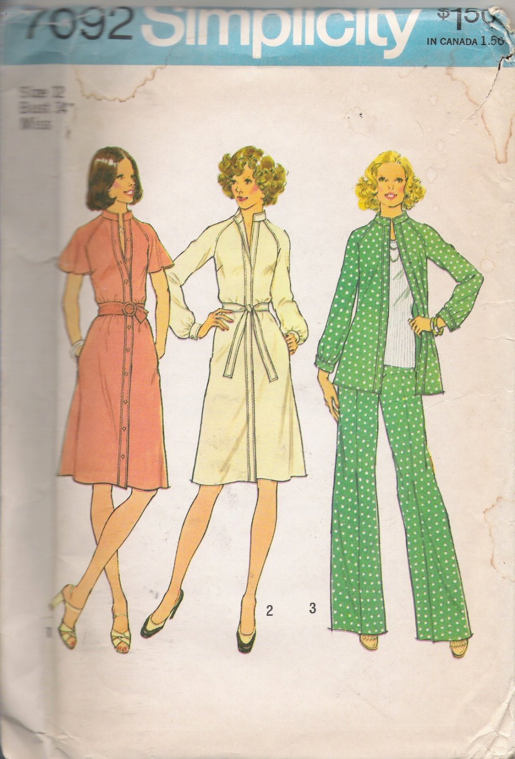 Vintage Sewing Pattern Misses' Dress Or Top & Pants Size 12 Simplicity 7092 UNCUT