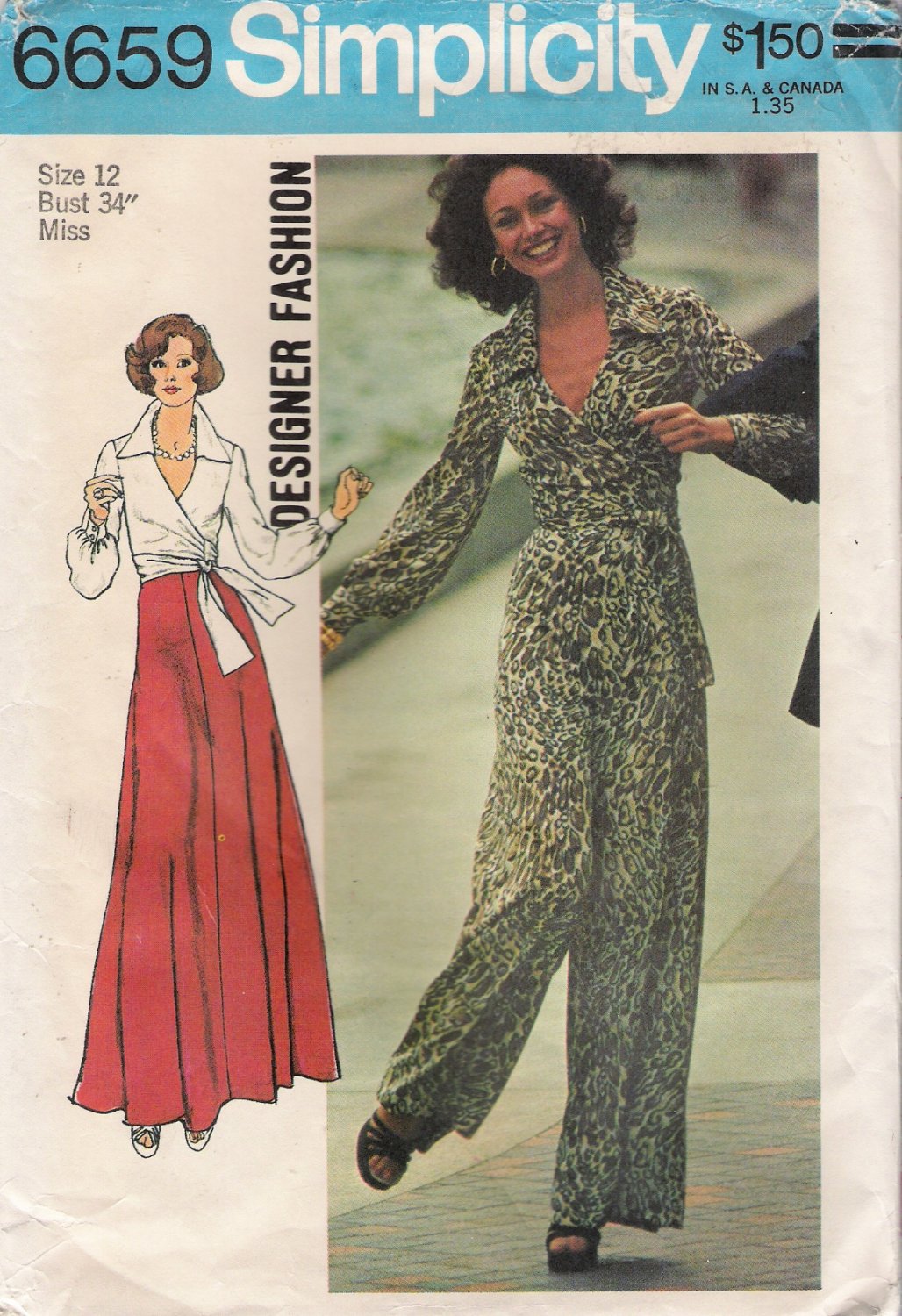 Vintage Sewing Pattern Misses' Front-Wrap Top, Skirt & Wide-Leg Pants Size 12 Simplicity 6659 UNCUT