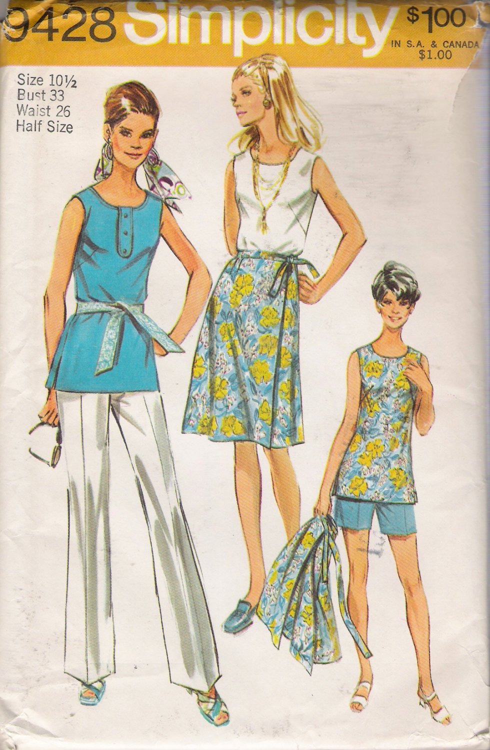 Vintage Sewing Pattern Misses' Pants Tunic Wrap Skirt Size 10.5 Simplicity 9428 UNCUT