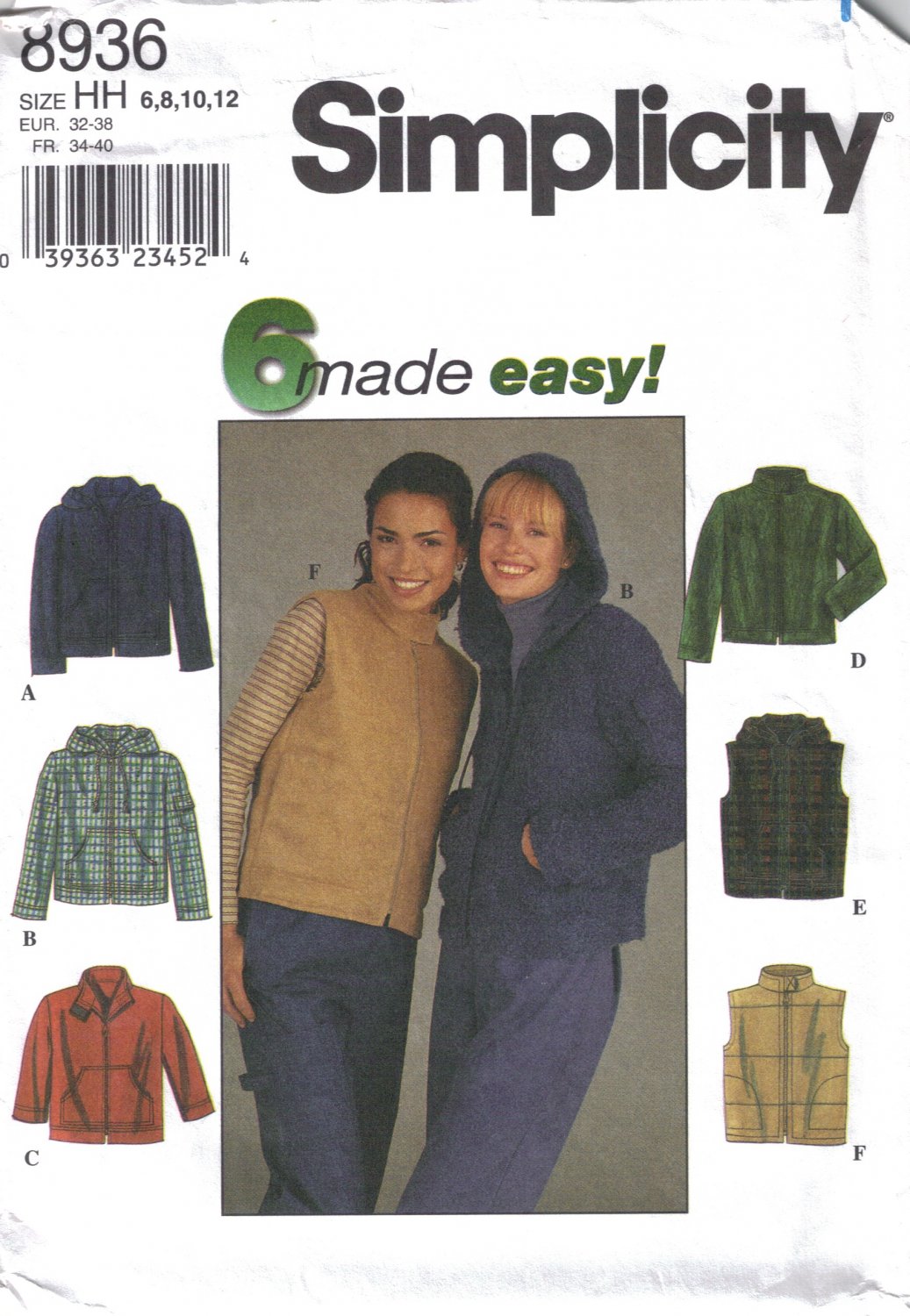 Misses' Jacket or Vest Sewing Pattern Size 6-12 Simplicity 8936 UNCUT