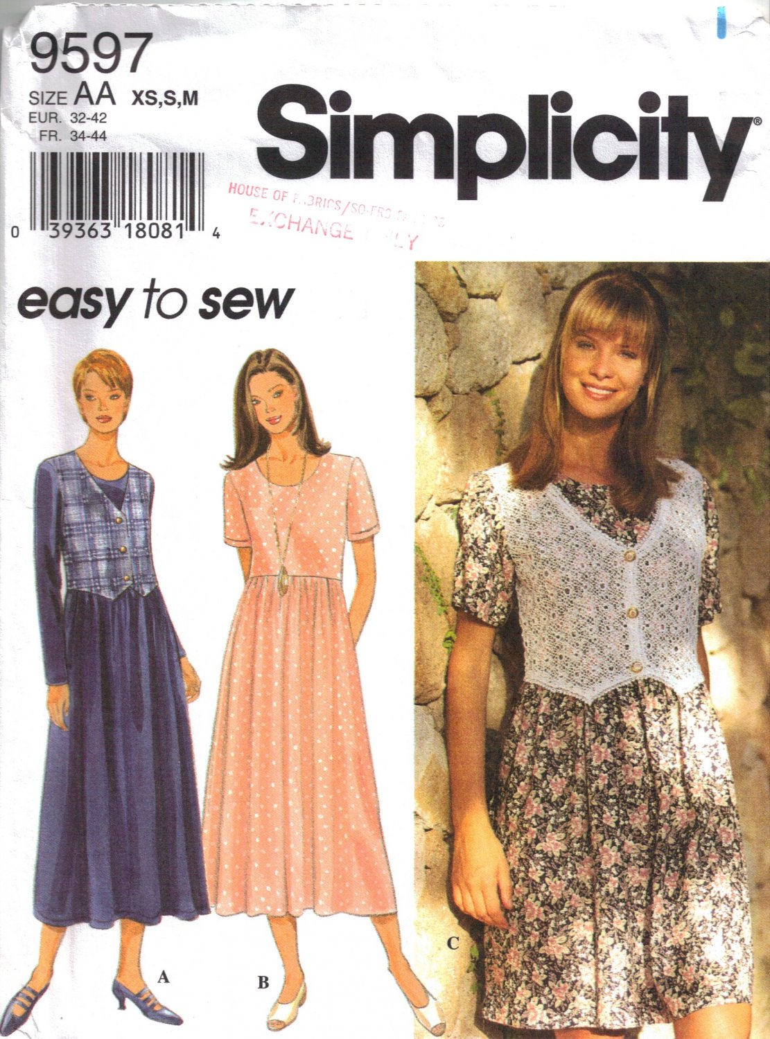 Misses' Dress Sewing Pattern Size XS-M Simplicity 9597 UNCUT