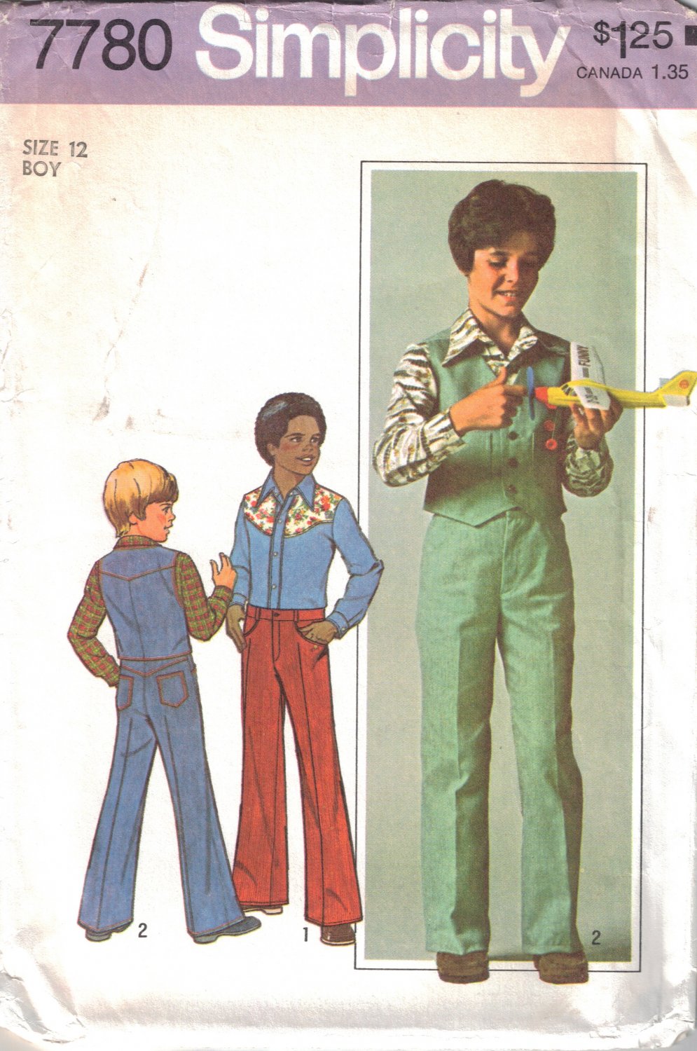 Vintage Sewing Pattern Boys' Vest, Shirt, Jeans Size 12 Simplicity 7780 UNCUT