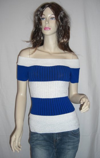 Sexy Off the Shoulder Metallic Striped Sweater Top L Large
