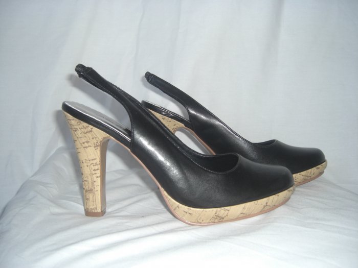 NIB Leather lk Blk Round Toe Slingback Cork 3" Heel 8