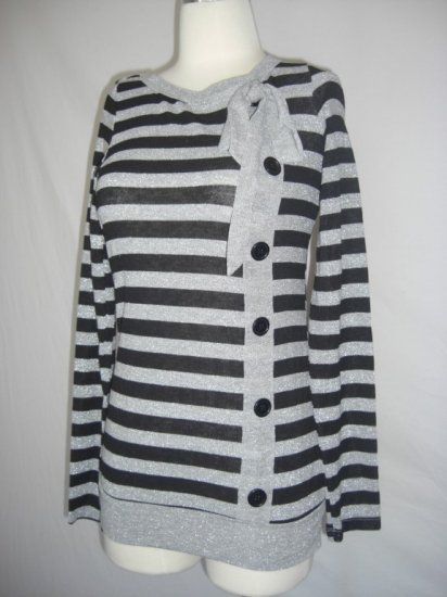 New Striped Button Bow Metallic Silver Sweater top S Small