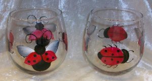 Hand Painted Stemless Wine glasses, Lady bugs