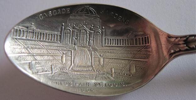 1904 St Louis Worlds Fair Sterling Silver Souvenir Spoon Cascade Gardens Exposition Bridge