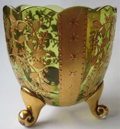 Antique Bohemian Moser? Green Glass Footed Novelty Vase Heavy Gold Stars Flowers Toothpick ?