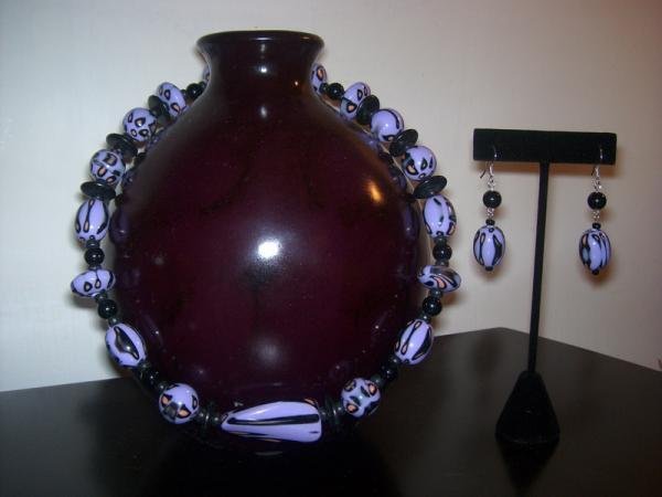 Purple and black necklace and earring set