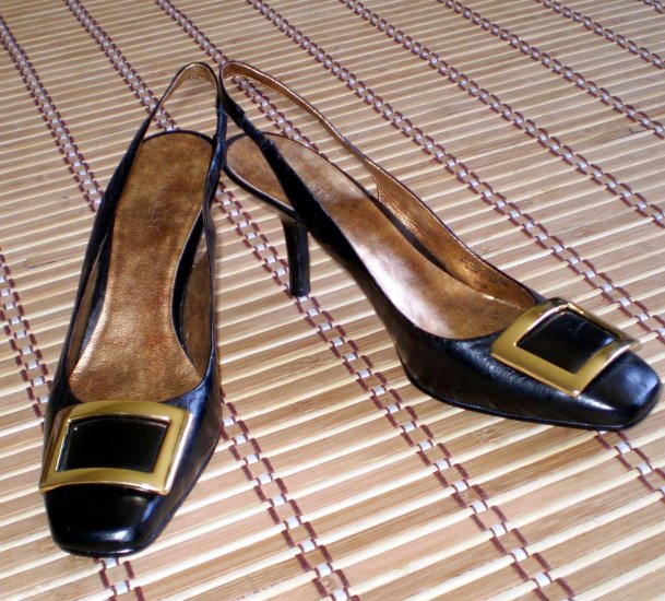 Nine West Black Leather Sling Back Heels Nw 10