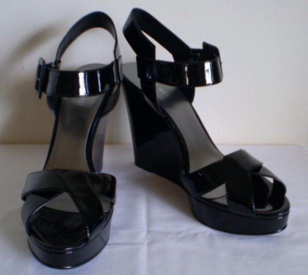 Nine West Black Sandle Patent Uper Wedge Heels Pumps 11