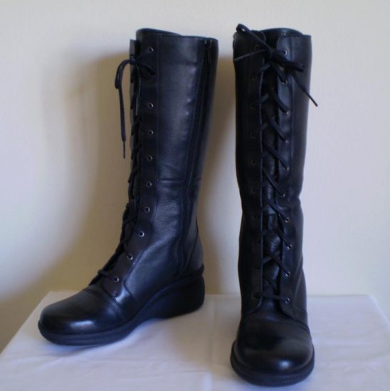 CLARK Black Leather Knee High Tall Lace Boots nw 6