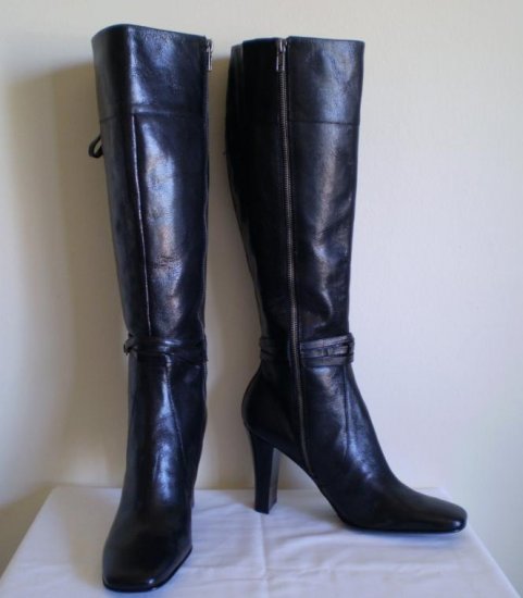 Nine West Pietra Black Leather tall boots heels 10