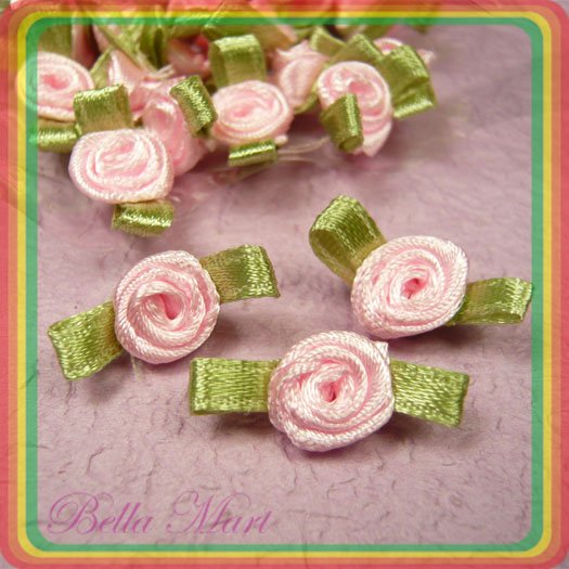 100 Pink Satin Ribbon Rose Flower Applique/Craft/Wedding F002
