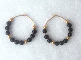 14K GF Black Onyx Hoop Earrings 1 Inch Round