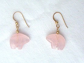 14K GF Rose Quartz Zuni Bear Earrings - 1 3/8 long