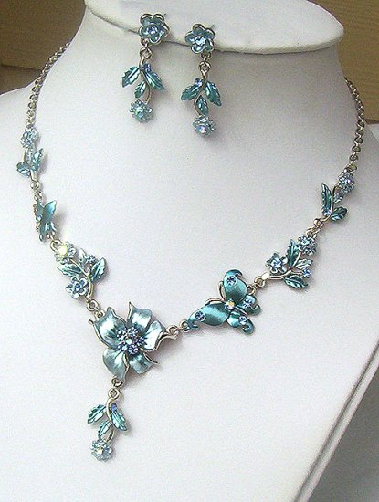Silver Baby Blue Crystal Butterfly Floral Necklace Set