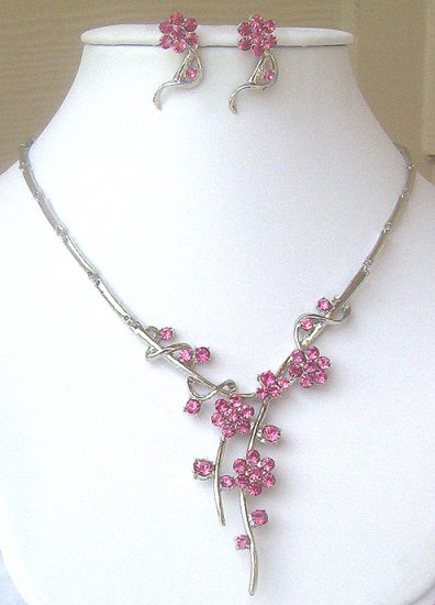 Silver Pink Austrian Crystal Floral Necklace & Earrings