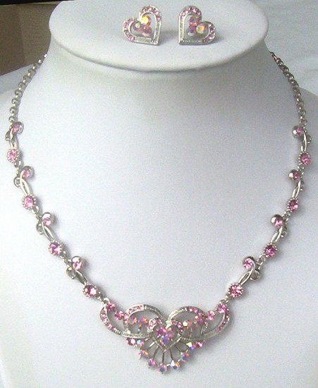 Silver Pink Swarovski AB Crystal Heart Necklace Set