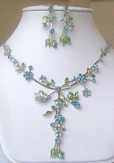 Silver Aqua Austrian Crystal Floral Necklace & Earrings