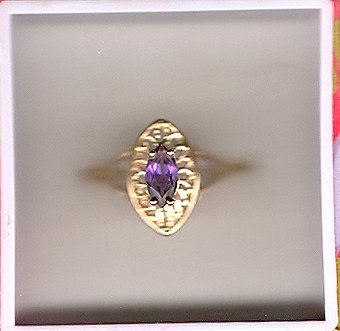 10K Gold Genuine Marquis Amethyst Filigree Ring Sz 6.5